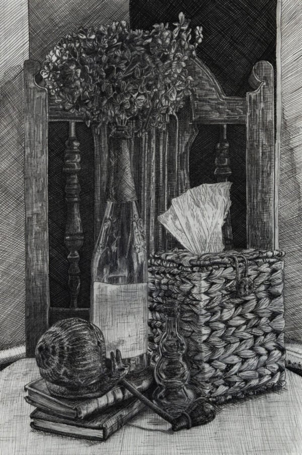 Classic still life of bottle, tissue box, and snail shell on table in pencil.