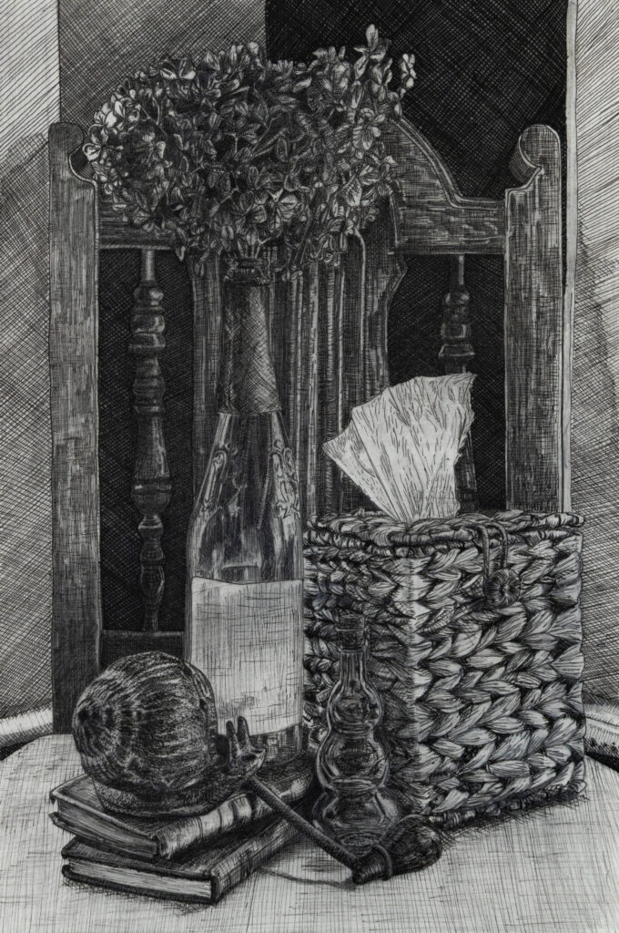 Classic still life of bottle, tissue box, and snail shell on table in pencil.