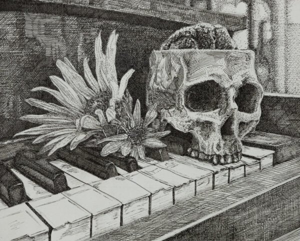 Black-and-white drawing of a skull and blooming flowers resting on piano keys, moody still life wall art.