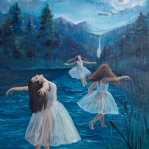 Surreal painting of women dancing on water.