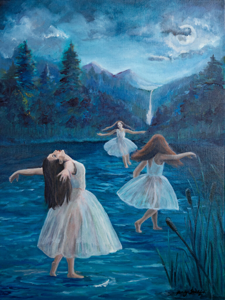 Surreal painting of women dancing on water.