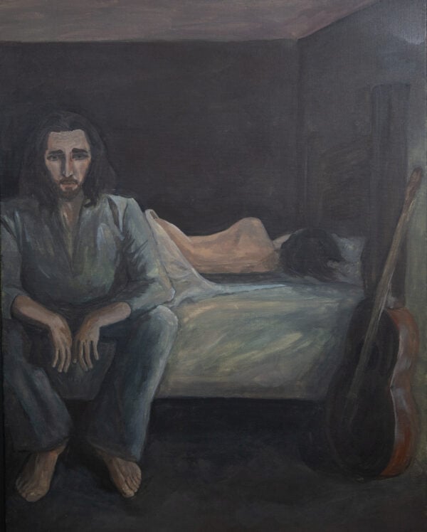 Painting of a man sitting on the edge of a bed while a woman sleeps in the bed.