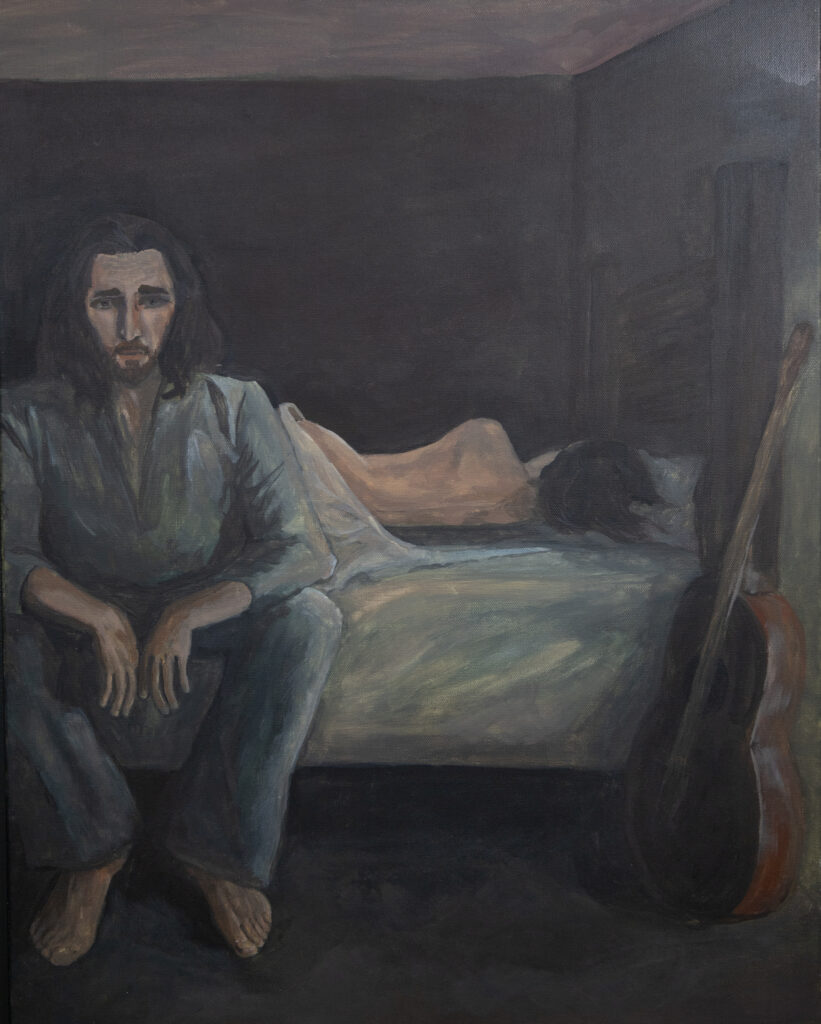 Painting of a man sitting on the edge of a bed while a woman sleeps in the bed.