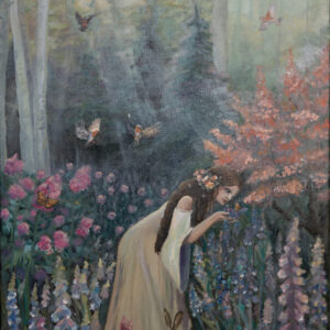 Classical painting of a woman in a meadow of flowers.