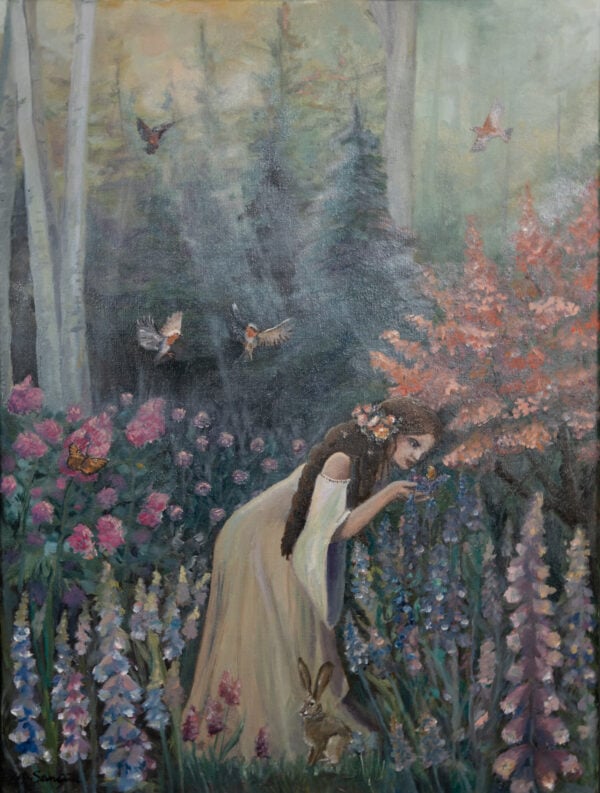 Classical painting of a woman in a meadow of flowers.