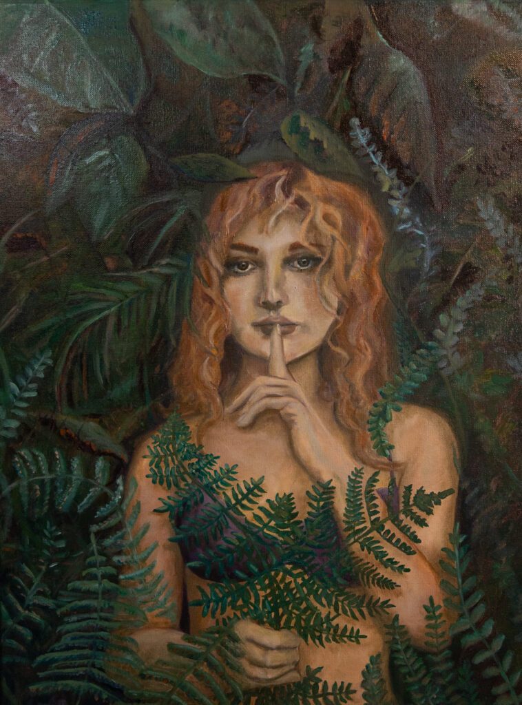 A painting of a woman holding her finger to her lips.