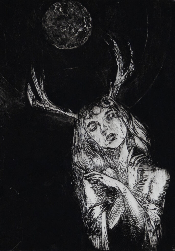 A surreal print of the Greek goddess, Artemis.