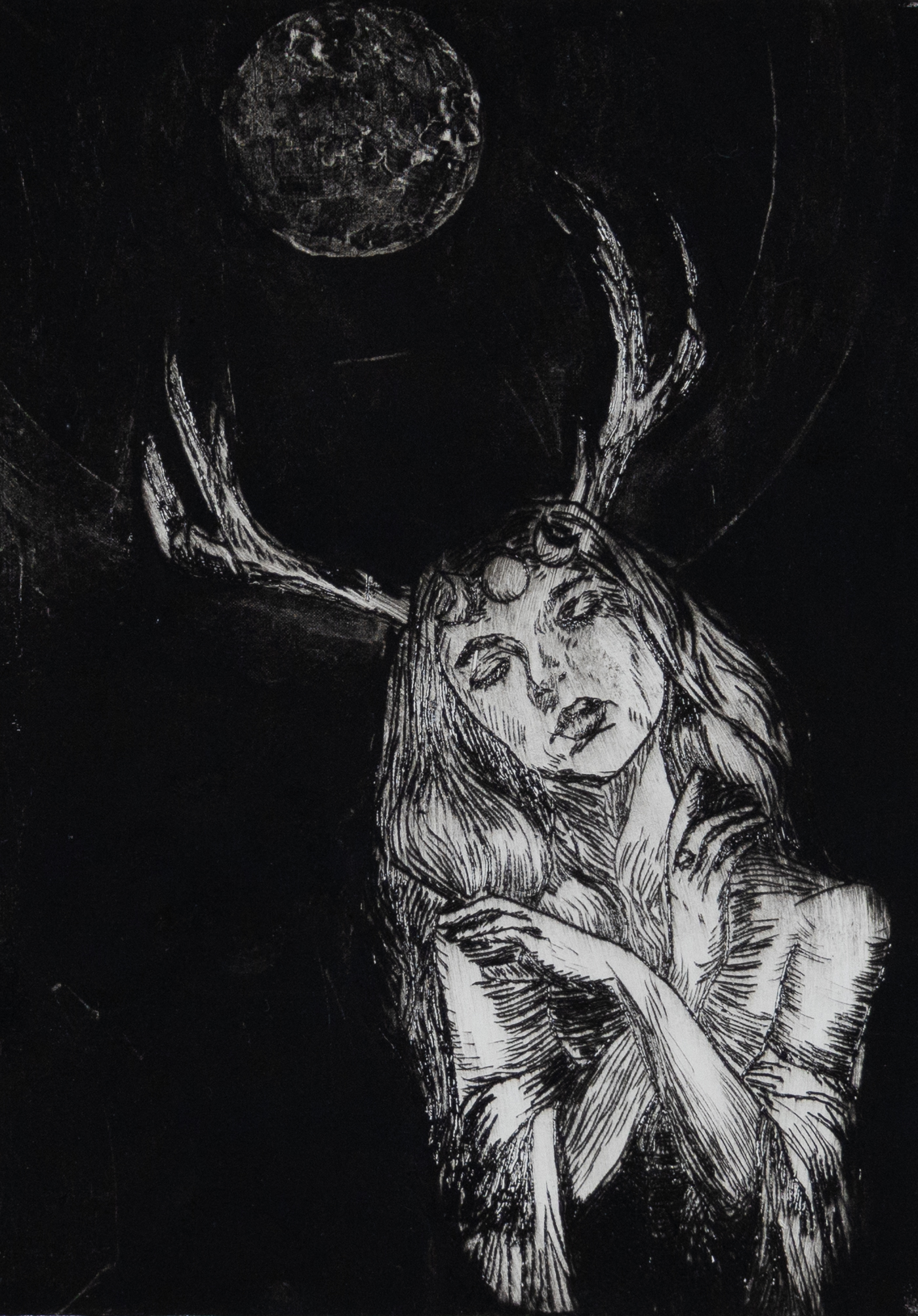 A surreal print of the Greek goddess, Artemis.