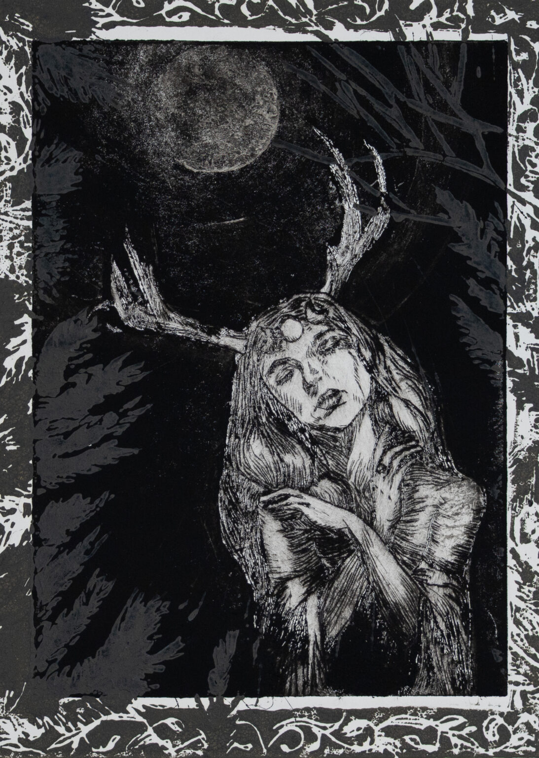 A print of the Greek Goddess Artemis with a border.