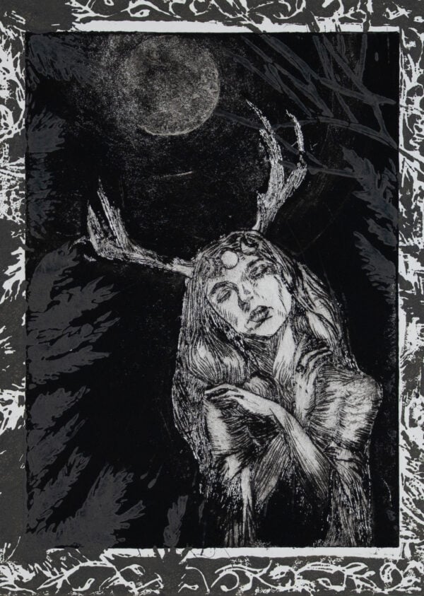 A print of the Greek Goddess Artemis with a border.