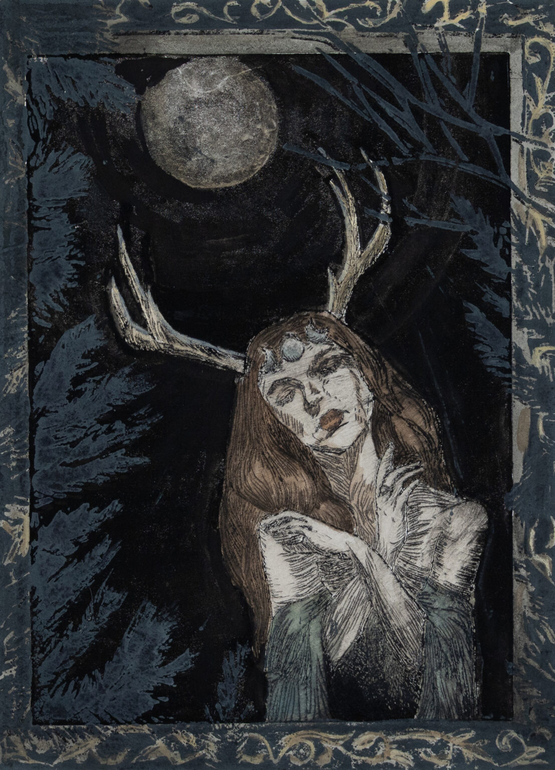 A print of the Greek goddess Artemis with muted colors.