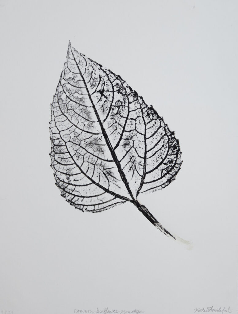 An ink print of a sunflower leaf.