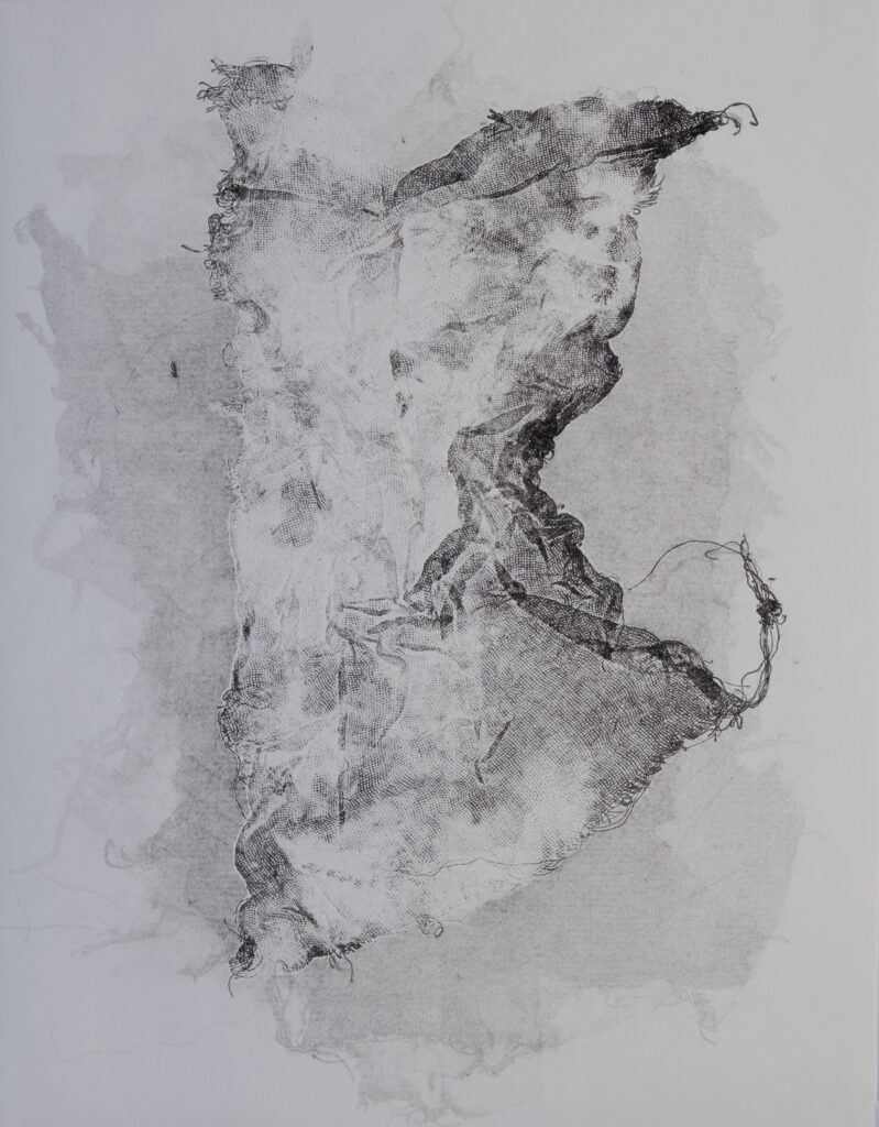 An ink print of a rectangle of cheese cloth.